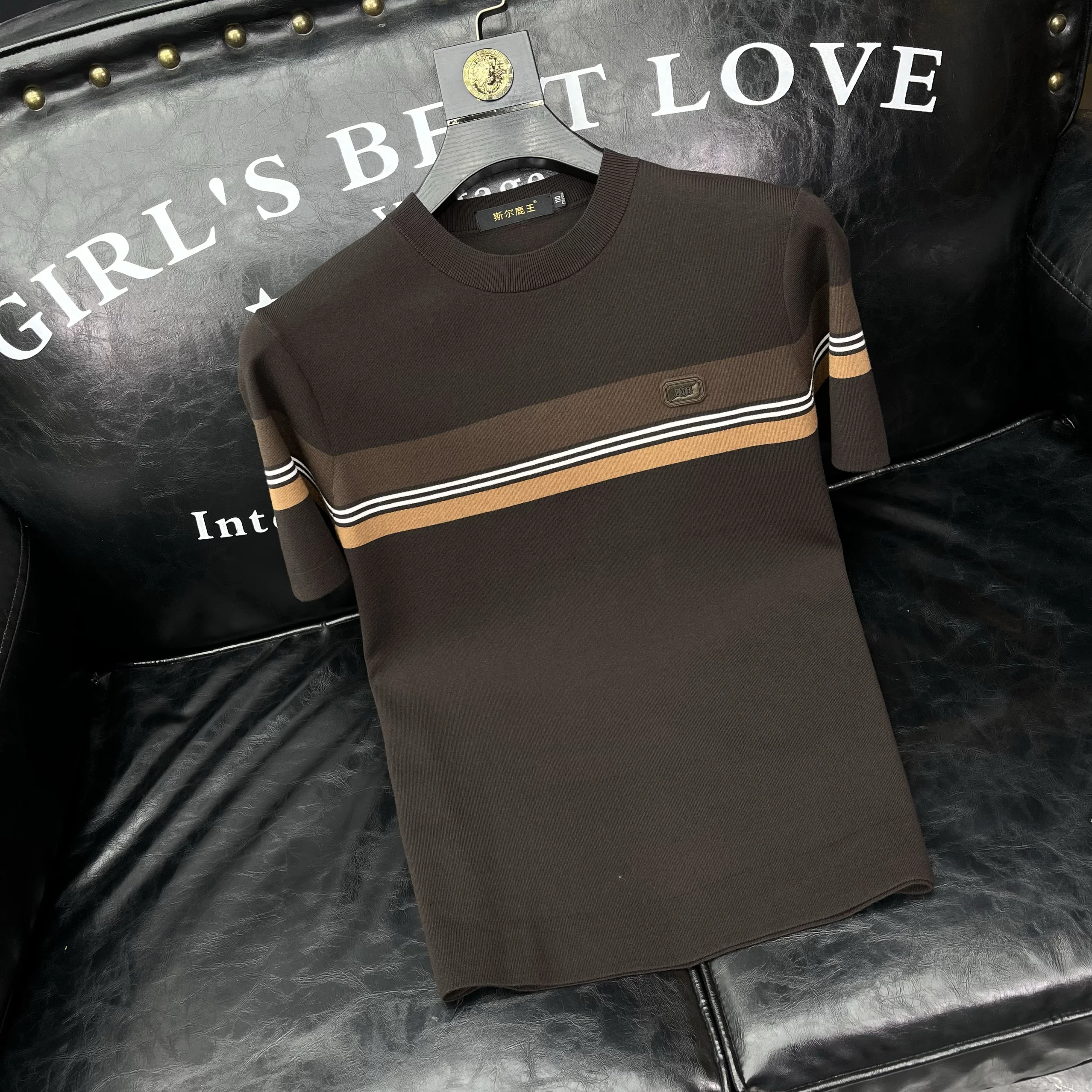 

Мужской осенне-зимний вязаный шерстяной свитер с коротким рукавом, модный, в полоску, с цветными блоками, базовый, приталенный, с круглым вырезом