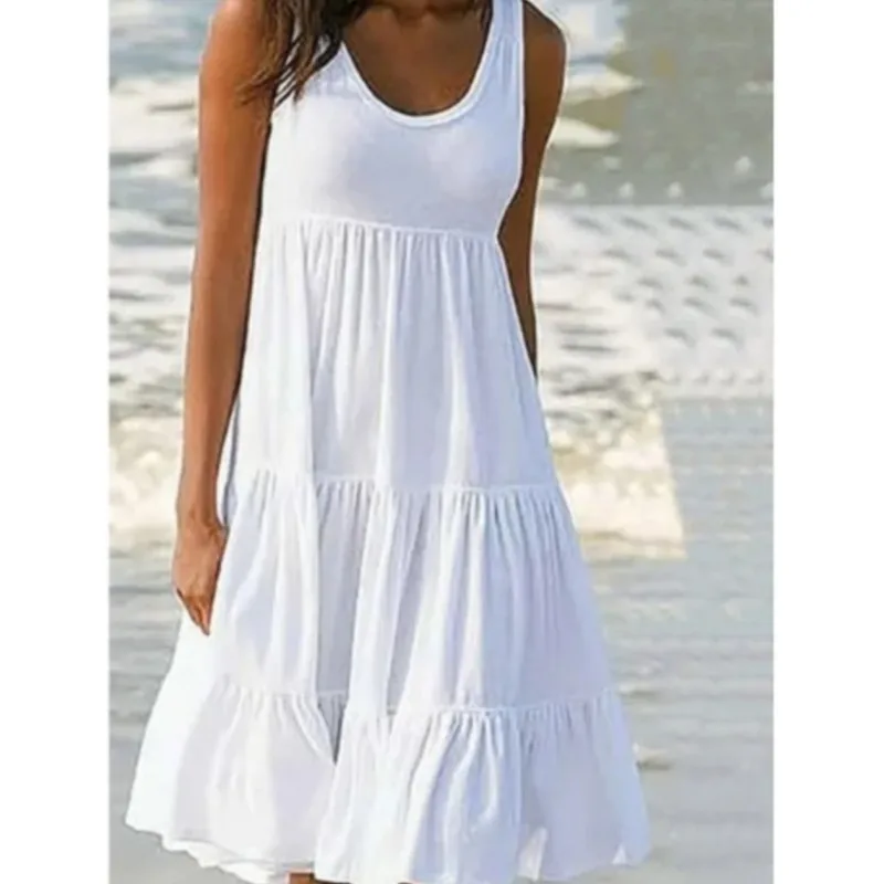 Vestido de verano blanco sin mangas con cuello redondo para mujer, Vestidos playeros holgados con volantes, bohemio, Color liso, elegante, para fiesta y Club