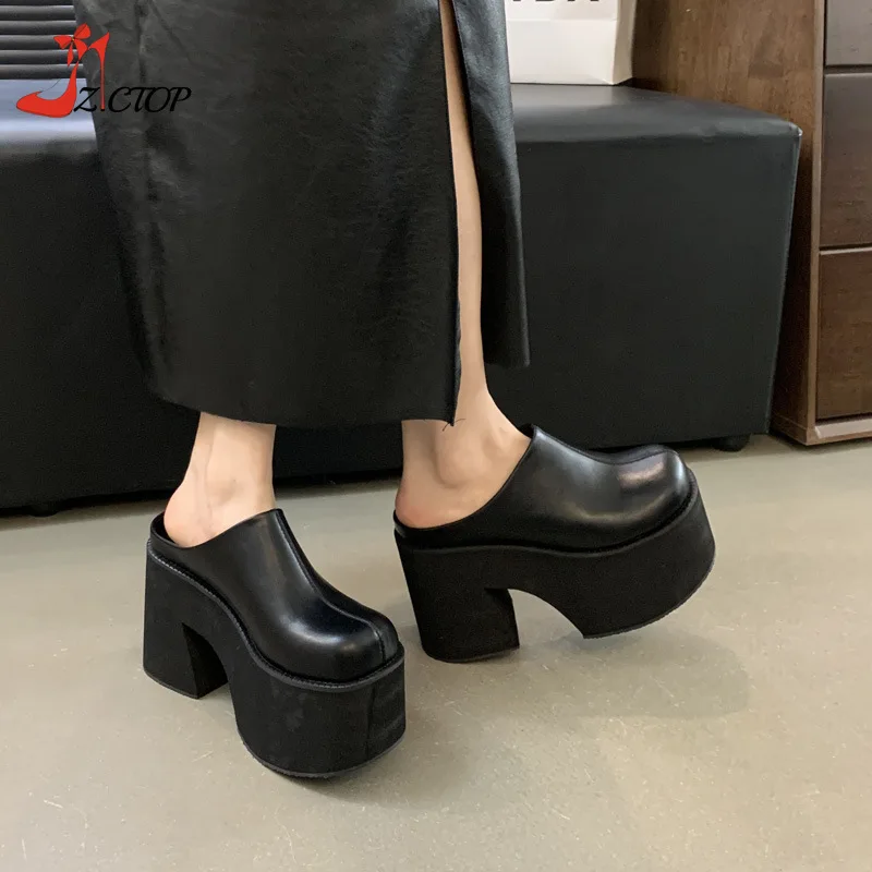 11cm Closed Toe Chunky Heeled Slippers Women Black Punk Platform Sandals Summer Super High Heels Patent Leather Ladies Shoes