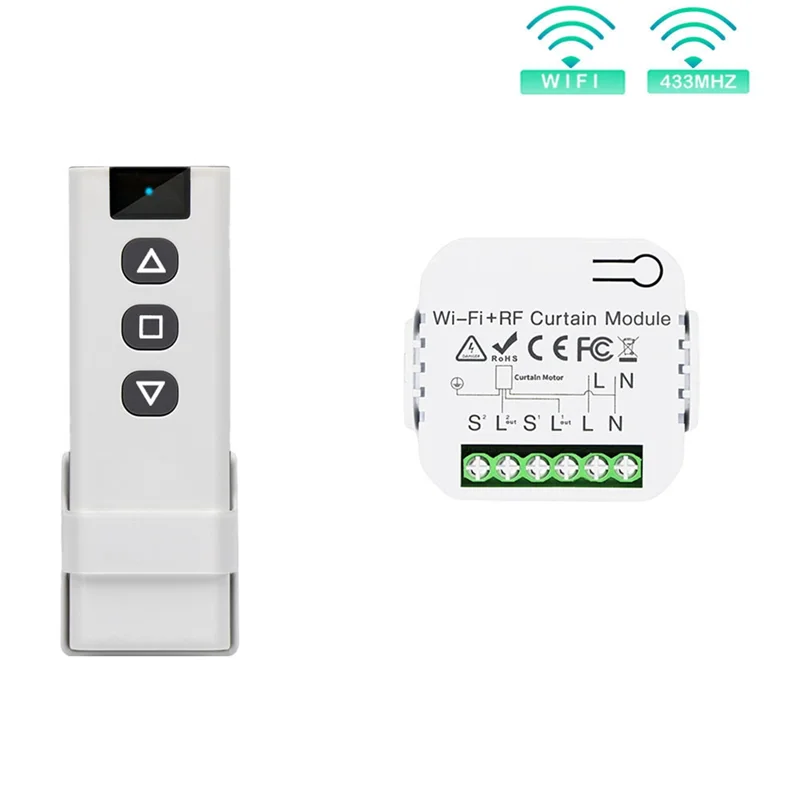 Tuya Smart Life WiFi 433Mhz Blind Curtain Switch with RF Remote for Electric Roller Shutter Control, 2RC 1RE