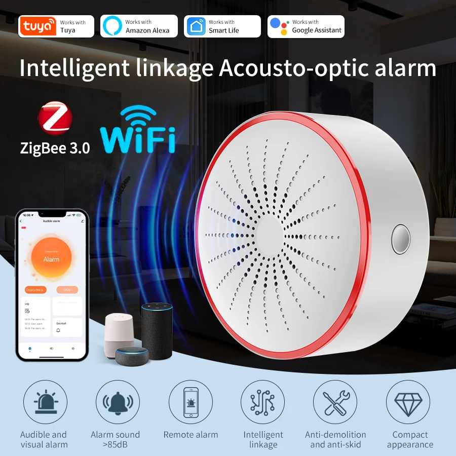 Tuya ZigBee WiFi Smart Siren Alarm 96dB Sound and Light Home Security Alarm Smart Life APP Works with Alexa Google Assistant
