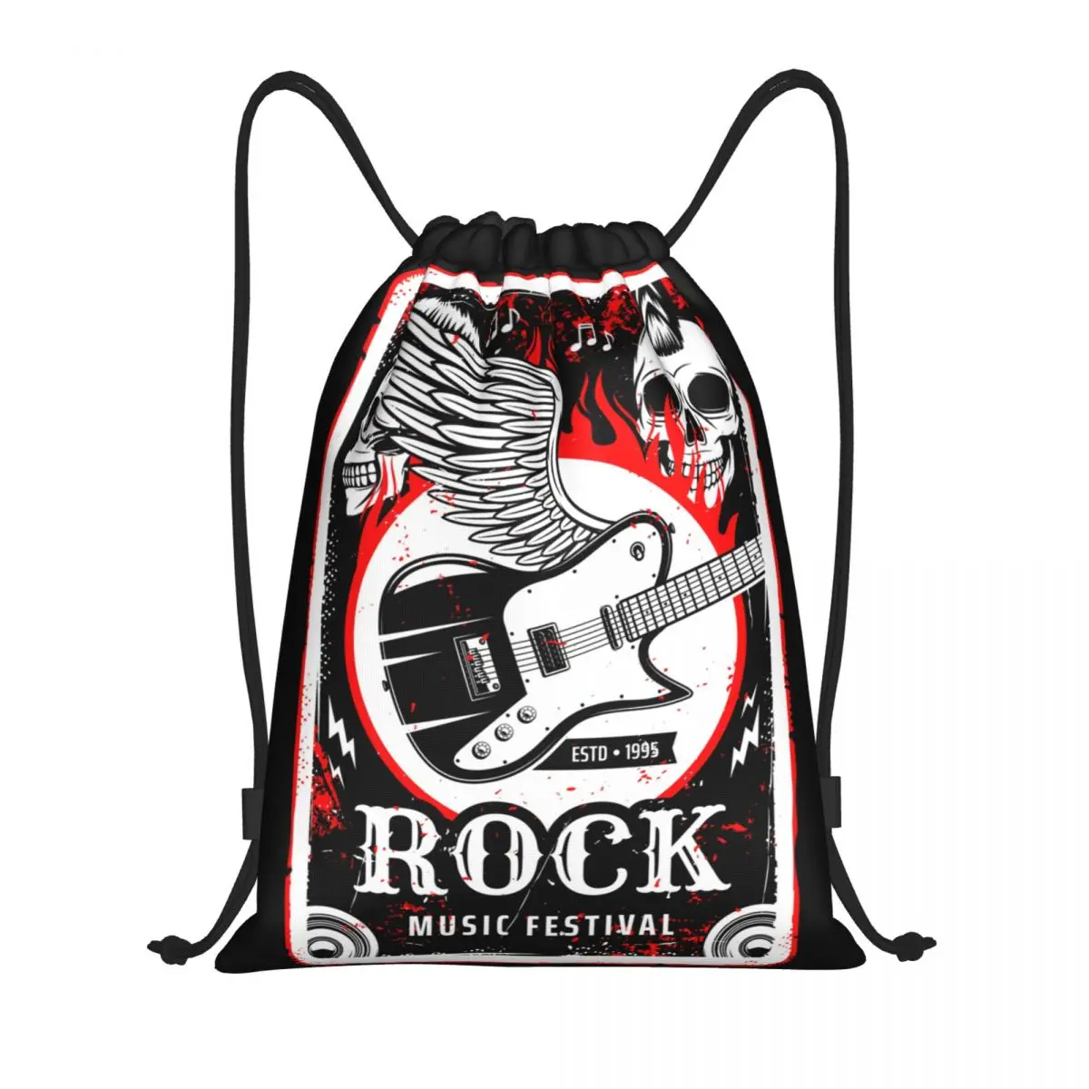 Hard Rock Music Drawstring Backpack Women Men Gym Sport Sackpack Foldable Vintage Heavy Metal Skull Guitar Shopping Bag Sack