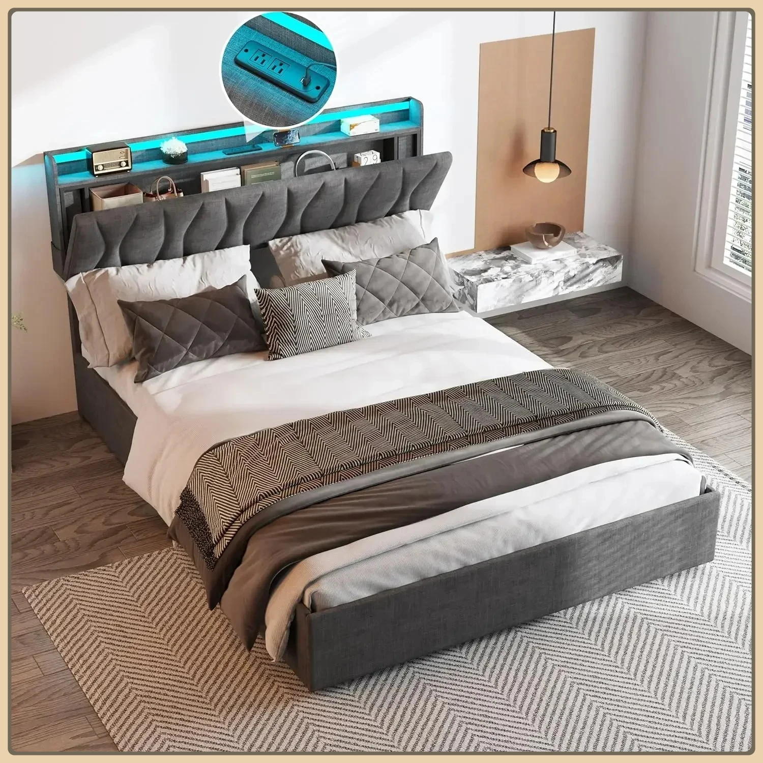 

Queen Size Lift Up Storage Bed Frame, Height Adjustable Storage Headboard with Charging Station, LED Lights Upholstered Bed