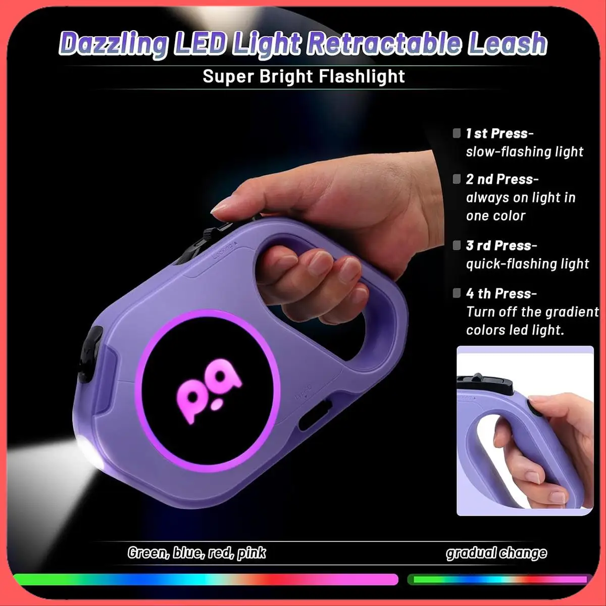 

AA89-Retractable Dog Leash With Rechargeable LED Light - 16 Ft Strong Nylon Tape For Night Walks Up To 88Lbs Pet Purple Easy To