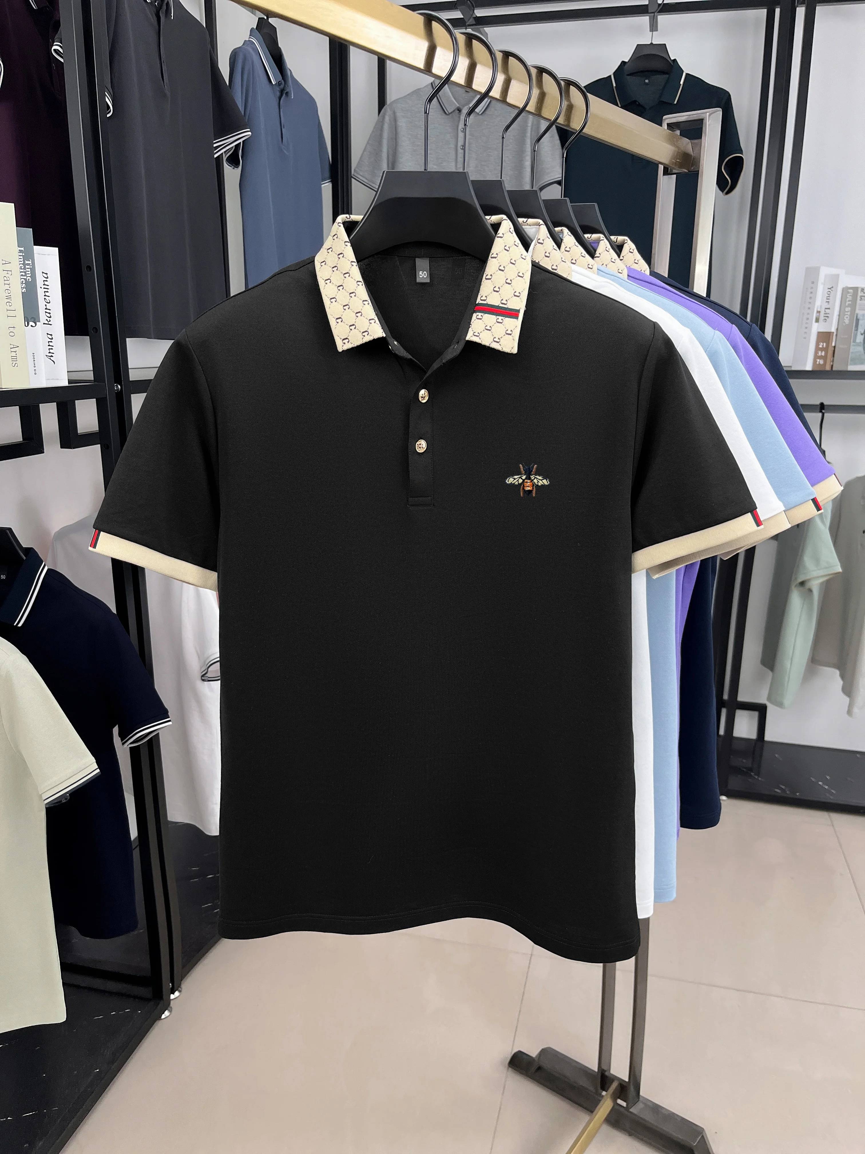 High quality honey bee embroidered short sleeve men polo shirt summer new T-shirt brand letter jacquard lapel casual trendy top image 6