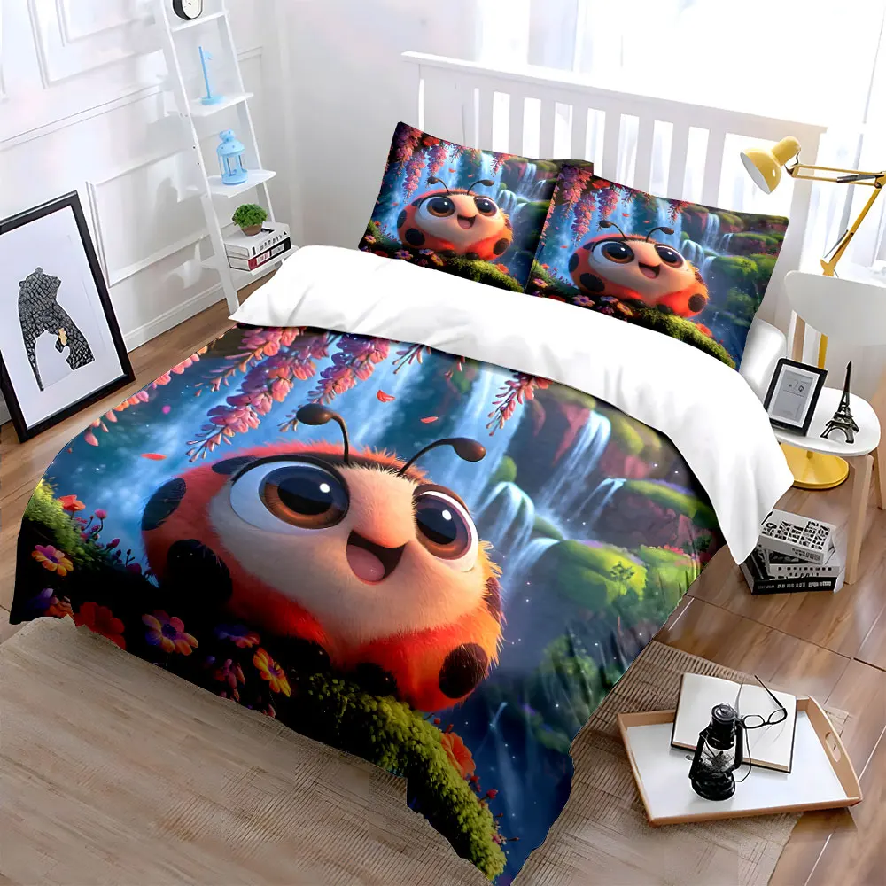 Smiling Ladybug Amidst Cascading Waterfalls Print Bedding Set 1 Duvet Cover 2 Pillowcases for Adult and Children Luxury Gift