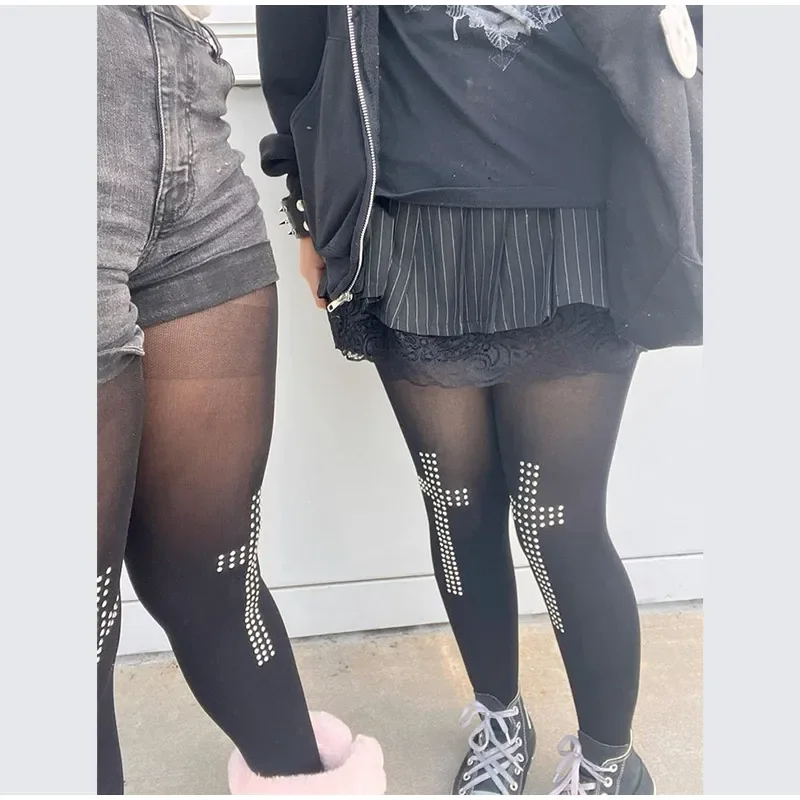 Retro Cross Hot Brick Stockings Women's 2000s Tight Pants Elastic Aesthetics Hip-hop Street Casual Cosplay Emotional Y2K Socks