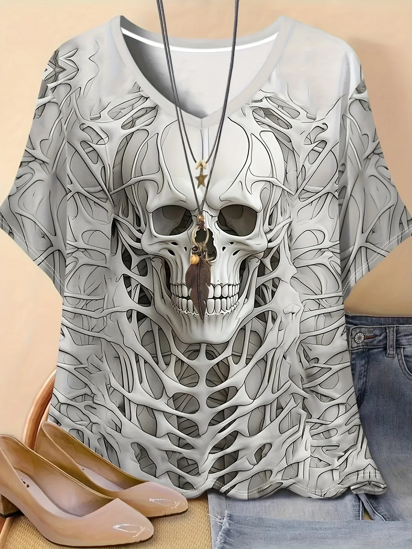 

Plus Size Women Casual Crew Neck T-Shirt Summer Skeleton All Over Print Knit Short Sleeve Quick Drying and Breathable T-shirt