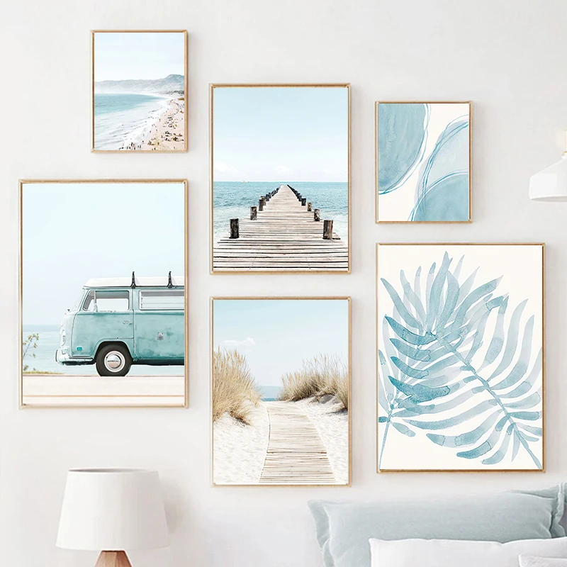 Frameless Ocean Beach Bridge Wall Art Canvas Paintings Sea Palm Tree Leaves Bus Posters Nordic Living Room Prints Pictures for H