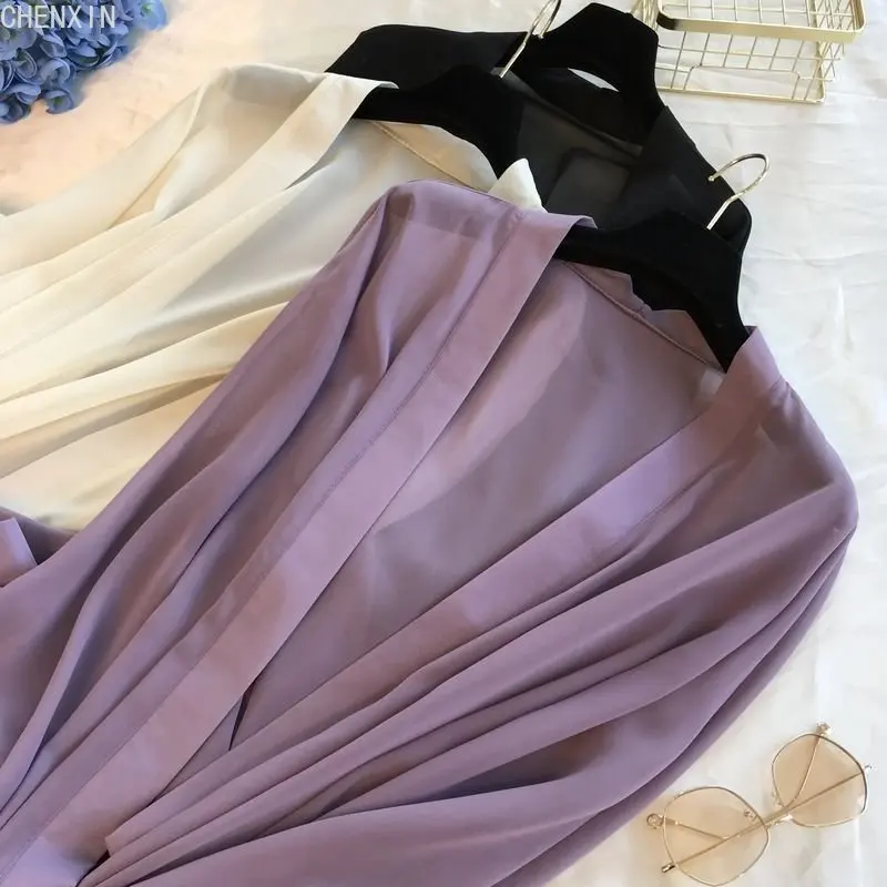 long Jacket Women Summer Thin Loose See-through Sunscreen Pure Long Sleeve Sexy Coat Chiffon Bohemian Female New Fashion Tops