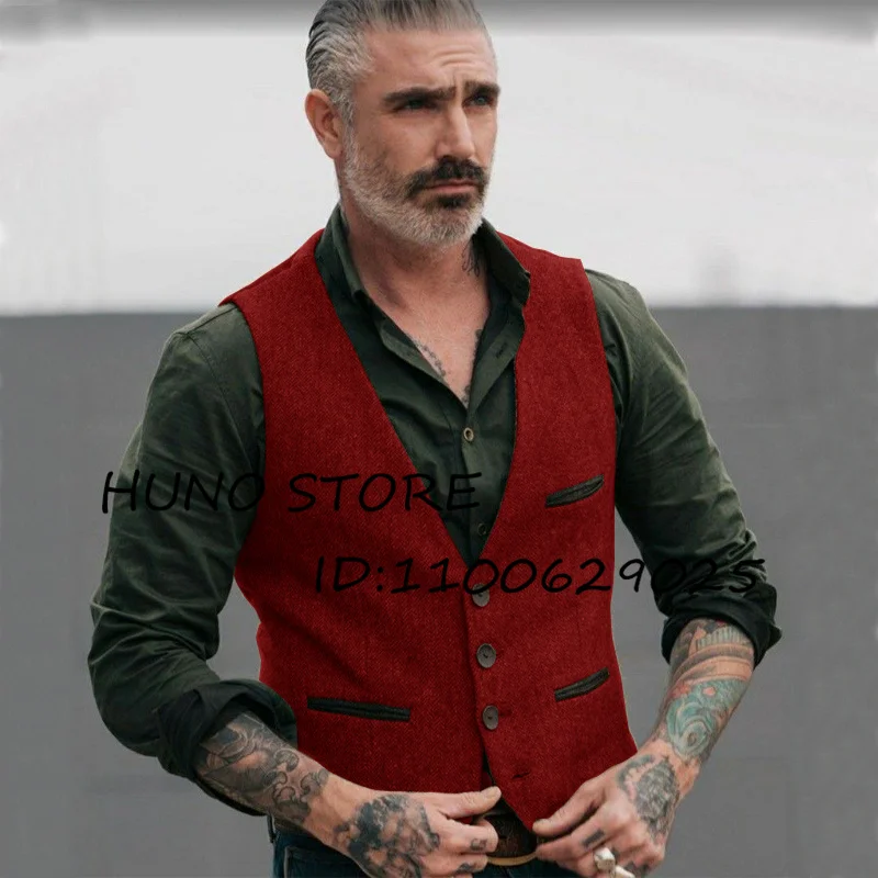 Herringbone Mens Vest V Neck Single Breasted Punk Wool Sleeveless Jacket Wedding Evening Brown Male Tank Top Gilet Mannen