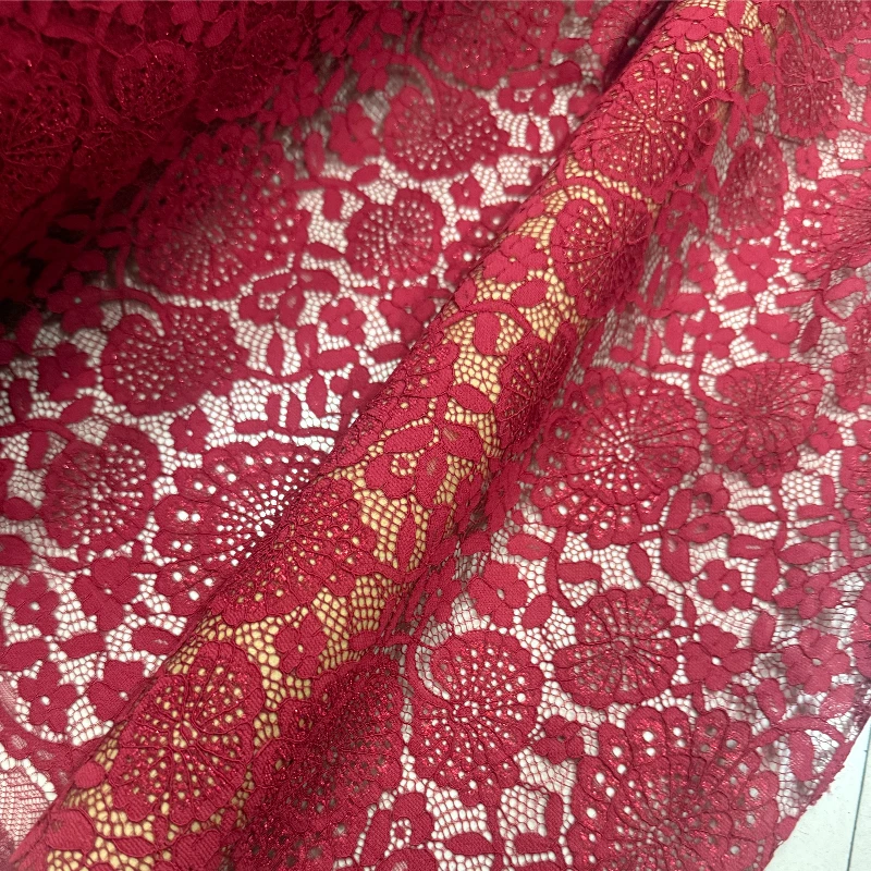 L100XW145CM Corded Lace Fabric Red Hollow Out Floral Embroidery Elegant for Evening Gown Dress DIY Sewing Accessories