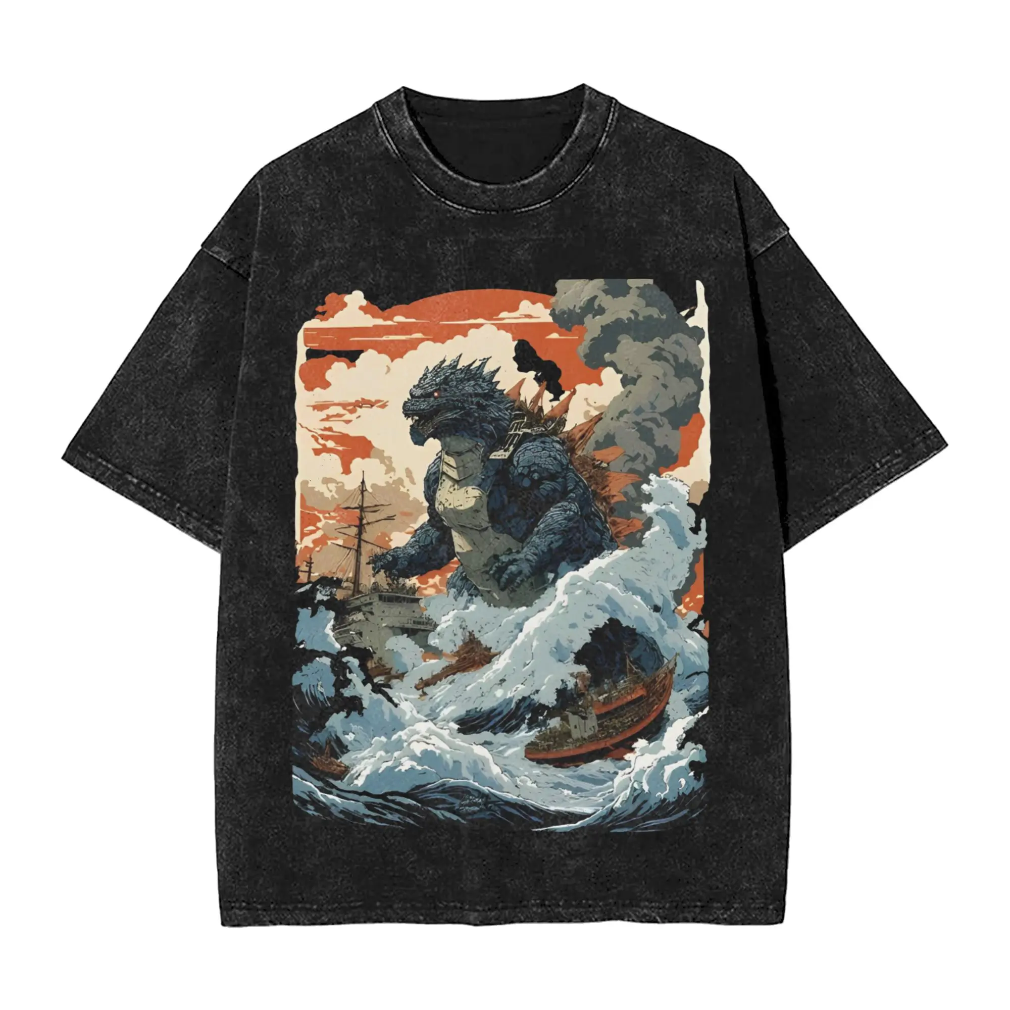 Camisetas Vintage Godzillaed para Homens e Mulheres, T-Shirts Casuais de Algodão com Estampa da Grande Onda, Camisetas de Gola Redonda de Manga Curta,
