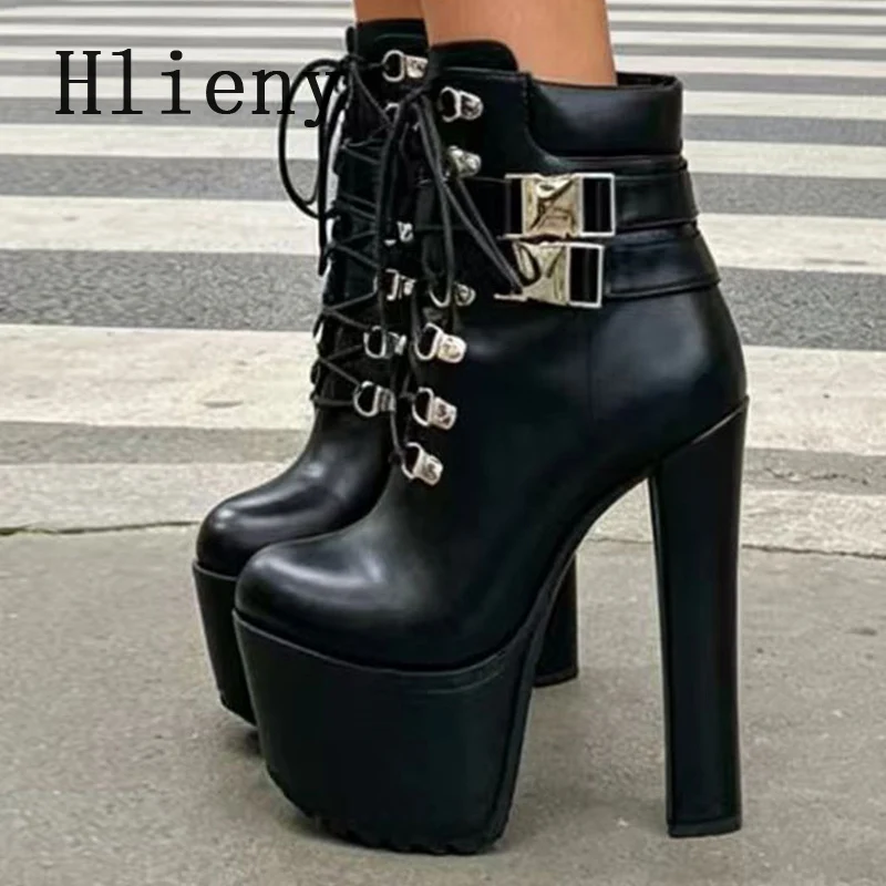 Hlieny Sexy Buckle Strap Extreme High Heels Platform Ankle Boots Women Round Toe Zipper Boots Stripper Prom Shoes Zapatos Mujer