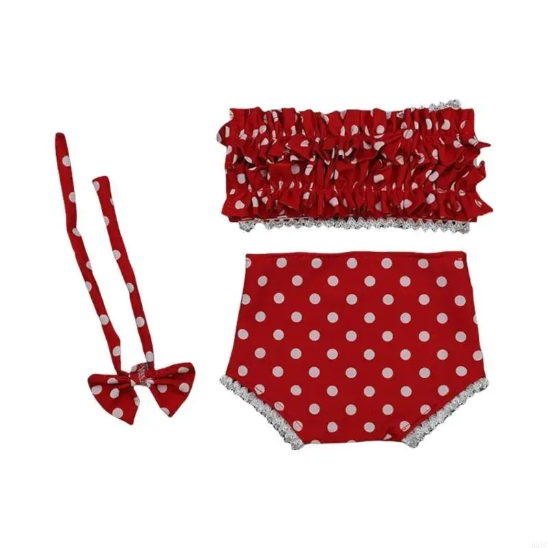 

A5YC 3pcs Photography Props Swimsuit for Baby Girl with Bowknot Hairband Fashion Dotted Set Infant Photo Wear Outfit
