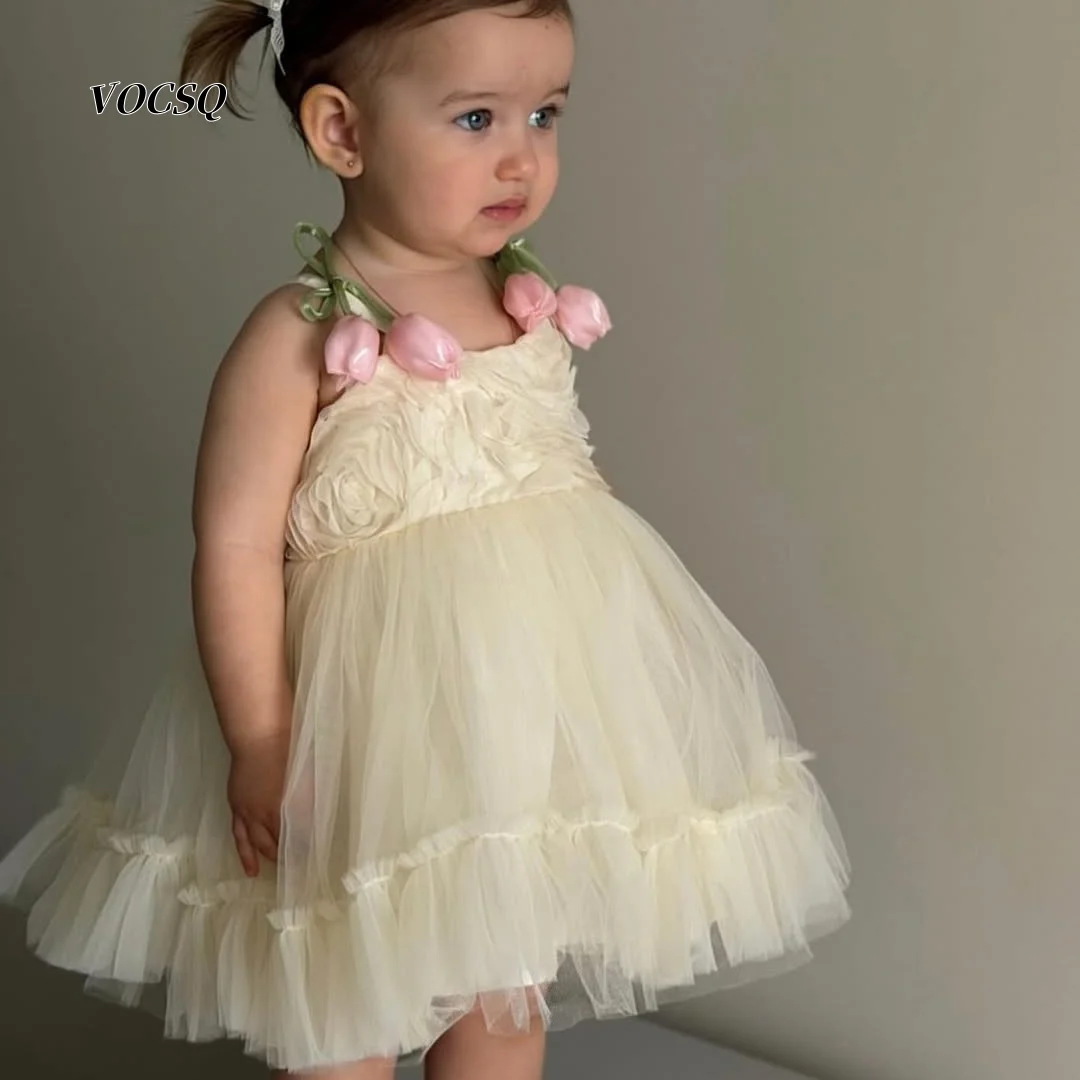Flower Girl Dress Soft Cream Baby Flower Girl Dress 3D Tulip Ruffled Tulle Skirt Birthday Wedding Party Gown Customized
