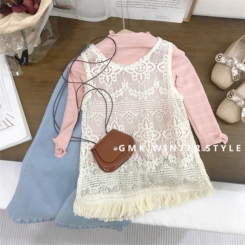 Girls' Trendy Child Lace Hollow Vest Dress Spring Western Style All-Matching Bandage Dress Skirt Sweet Set