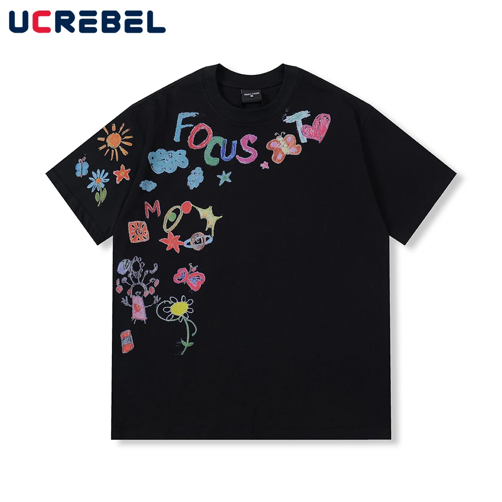 

Футболка с коротким рукавом и принтом граффити, мужская летняя хлопковая футболка High Street, летняя свободная мужская футболка с круглым вырезом и половиной рукава