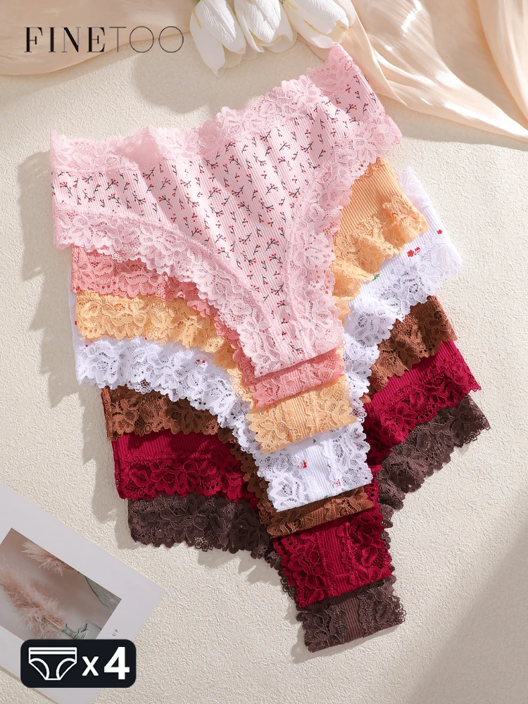 4Pcs Cotton Lace Floral Printed Thongs Underwear Sexy Striped Low Waist Brazilian Panties Girls Breathable G-String Lingerie
