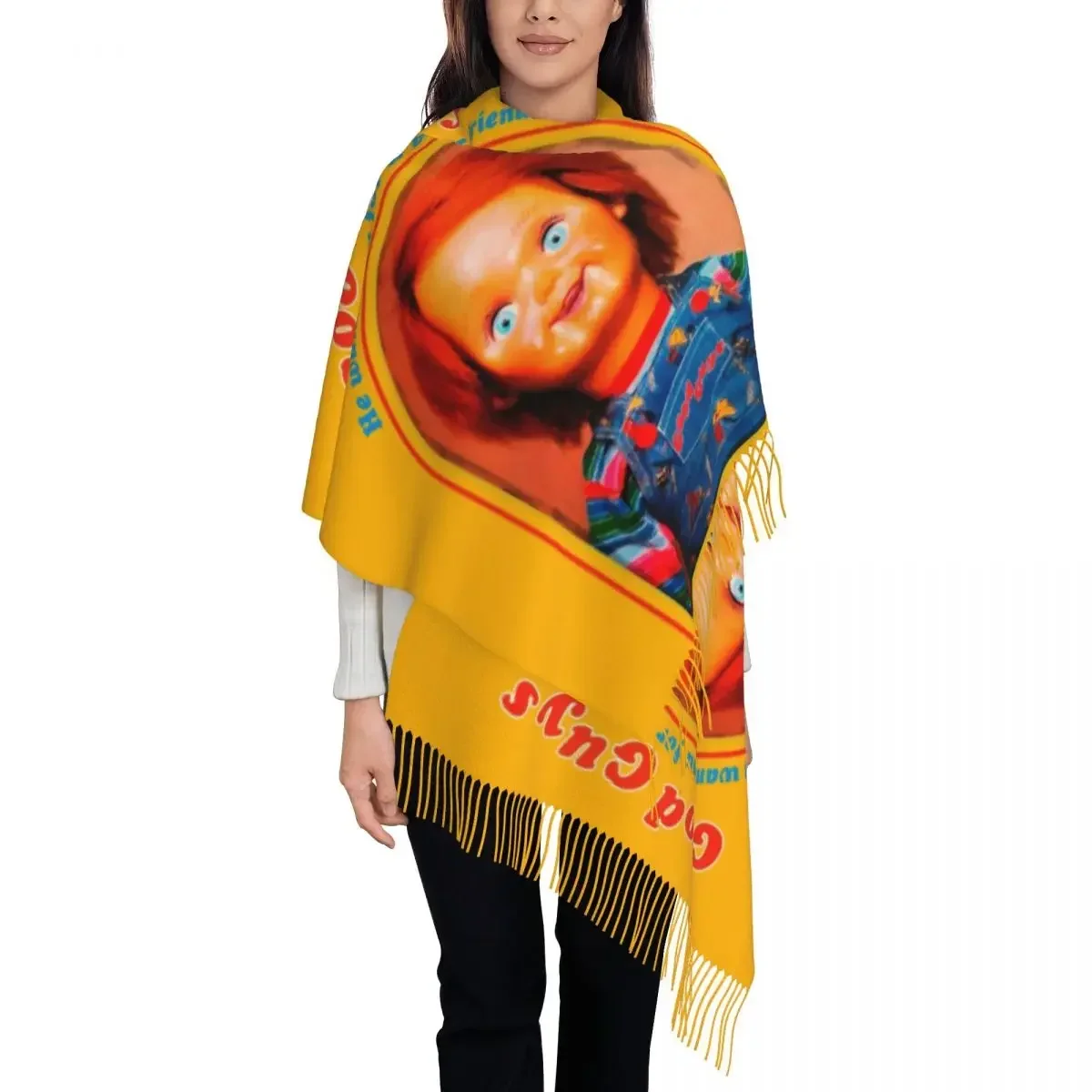 

Chucky Retro Movies Scarf Wrap for Women Long Winter Warm Tassel Shawl Unisex Child's Play Chucky Scarves