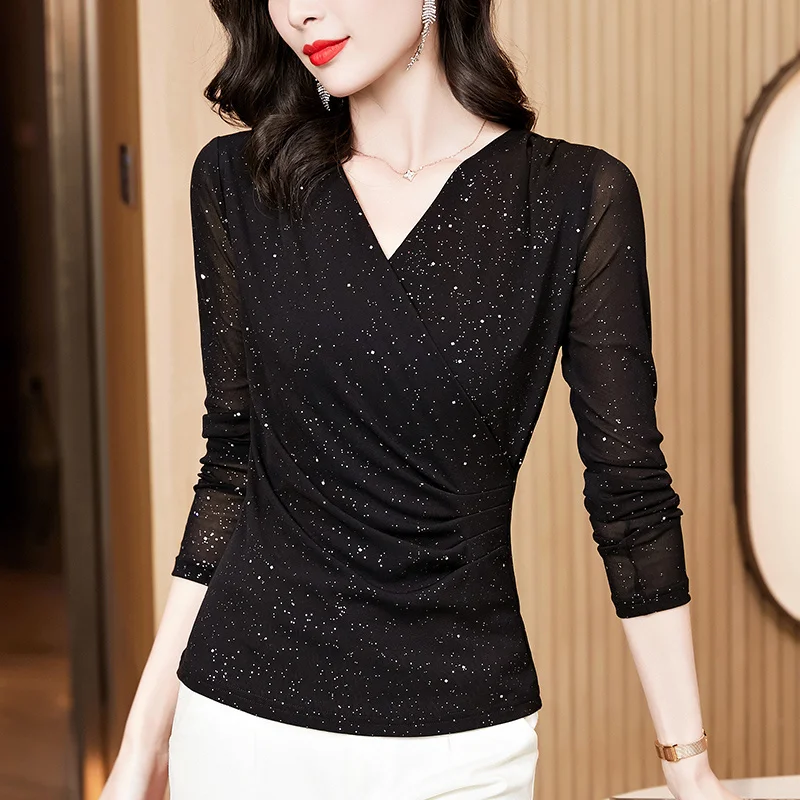 # 1601 Black Purple Brown Mesh T Shirt Women V-neck Wrap Tshirt Female Long Sleeve Thin Sexy Tight Irregular Womens Tee Shirts