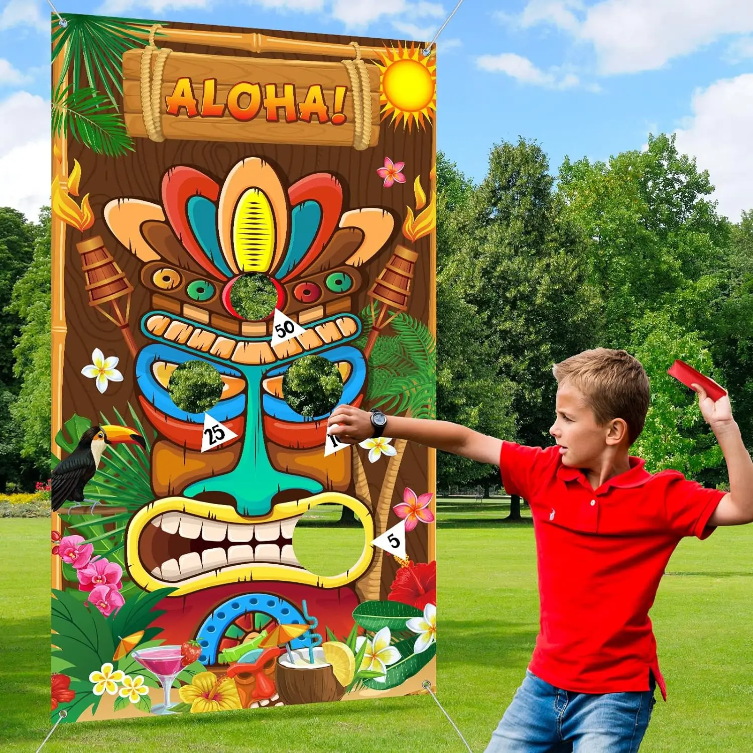 1 zestaw, baner do gier Luau Party Toss z 3 workami z piaskiem, Totem na letnią tropikalną imprezę karnawałową, hawajskie artykuły do gry Tiki