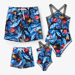 PatPat Family Matching Floral Drawstring Swim Trunks or Mesh Cross Strap One-Piece Swimsuit