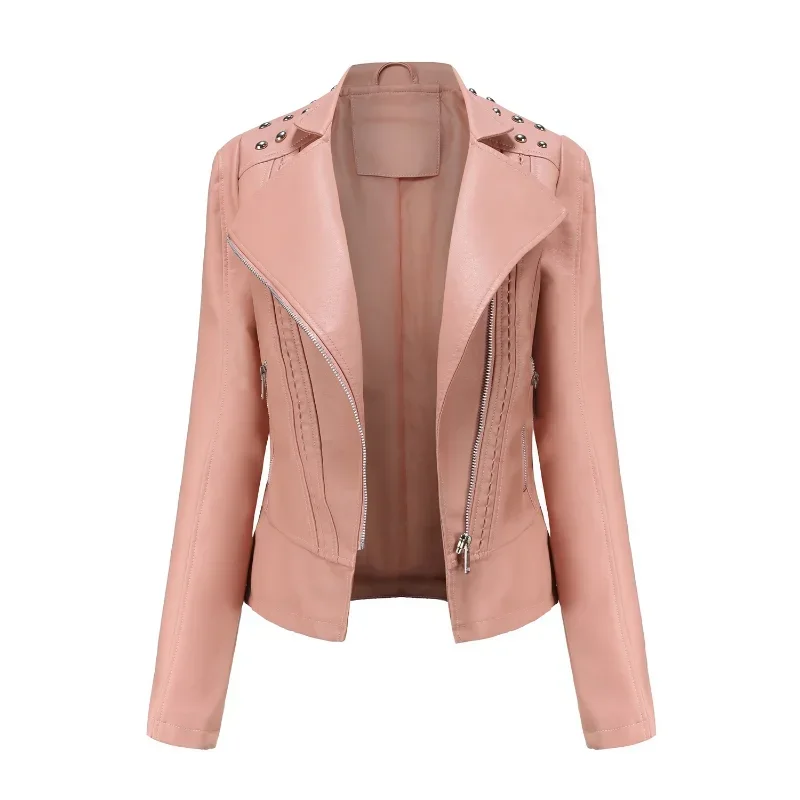 BTQWFD Female Clothing PU Leather Motorcycle Rivet Jackets Autumn Winter Coats Women Outwear Long Sleeve Fashion 2024 New Tops