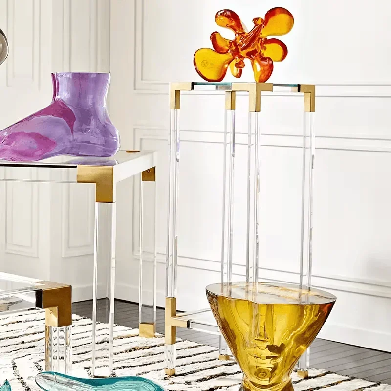 

Acrylic flower table Modern living room floor stand Stainless steel rectangular double-layer transparent flower stand