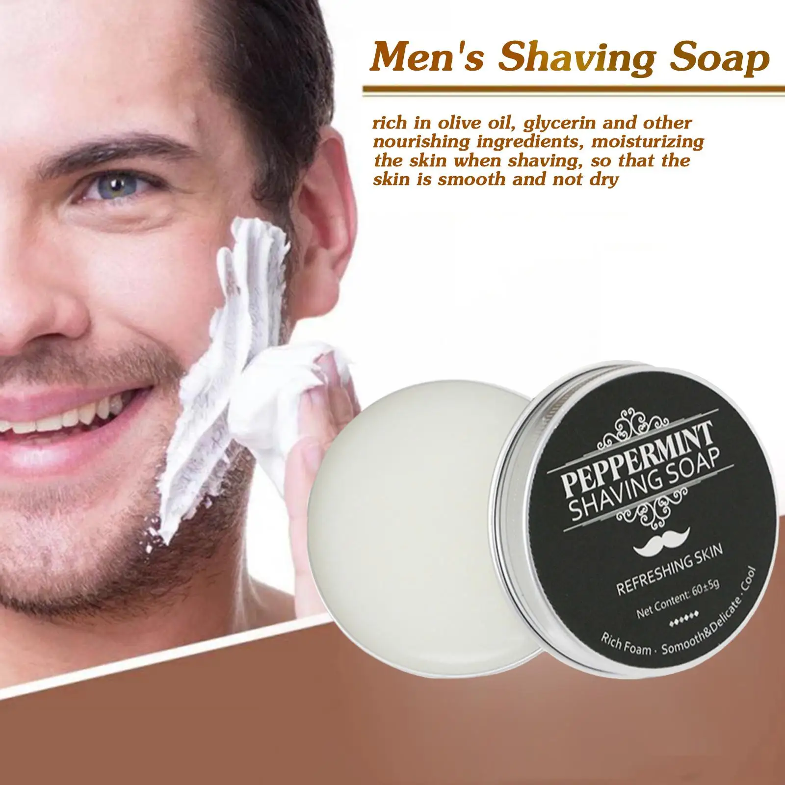 60g Peppermint Shaving Soap Men Shave Cream Rich Foam Traditional Beard Shaving Soap Refreshing Skin Grooming Accessory