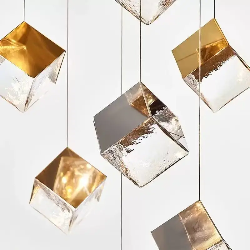 

Modern G4 Staircase Glass Ceiling Chandelier with Square Hardware Shade, Gold/Celluloid Lustre for Living Room, Villa Decoration