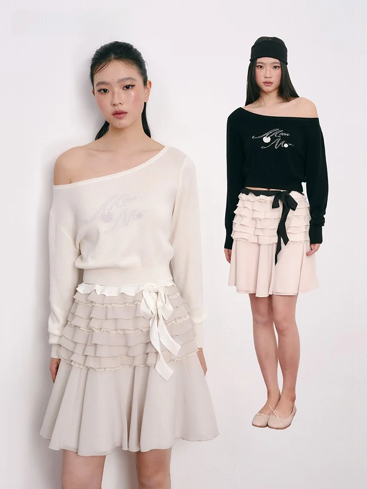 

Оригинальный женский вязаный свитер Moonmoi Spring Beau с вышивкой вишневым узором и стразами, U-образный вырез, из сверхтонкой мериносовой шерсти, с длинными рукавами