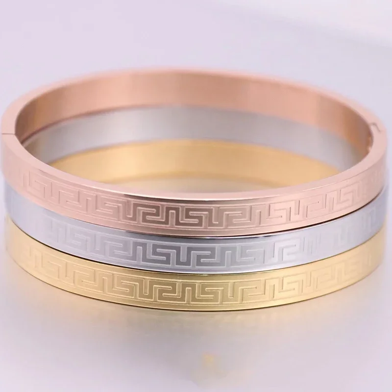 New Stainless Steel Carving Pattern Bracelet Gold Silver Rose Gold Color Cuff Bangle Woman Jewelry Gift Daily Wear