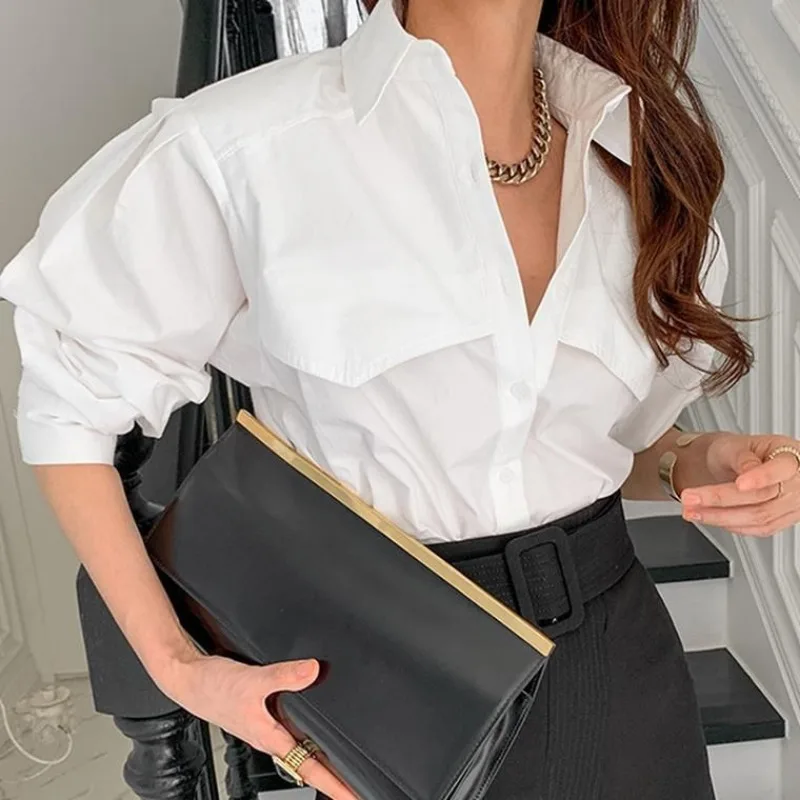 Blouse Women Spring White Basic Versatile Lapel Single Breasted Loose Solid Color Shirts Blusas Mujer Korean Tops Lady New