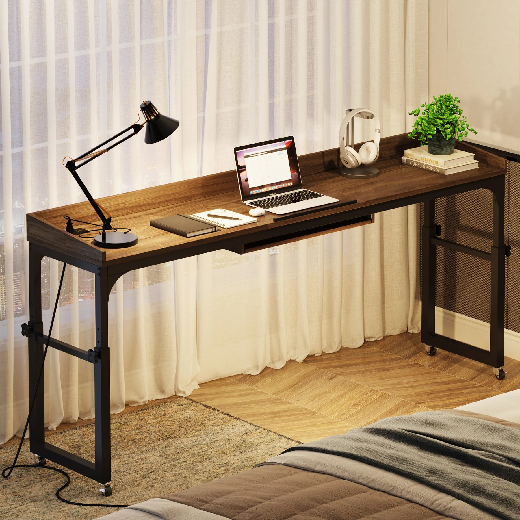 Tribesigns Overbed Table with Wheels, Queen Size Over Bed Desk with Adjustable Tilt Stand, Mobile Laptop Cart Computer Desk