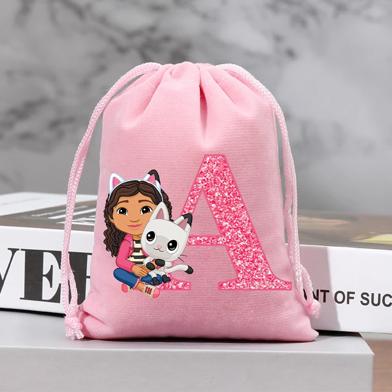 Gabby Dollhouses Plush Drawstring Bag Kawaii Cartoon Letter A-Z Printed Bags Large Capacity Candy Storage Bag Christmas Gifts