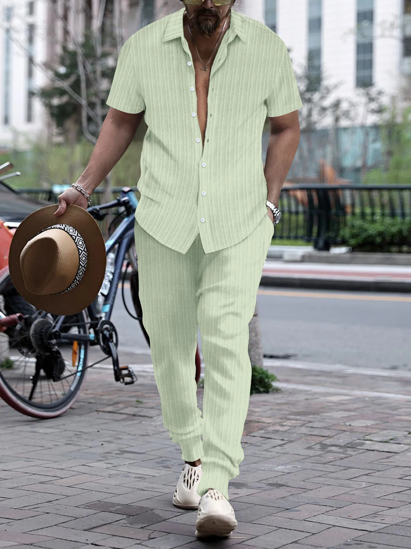 2024 New Fashion Summer Men\'s Solid Color Striped Casual Cardigan Short-Sleeved Shirt And Trousers Two-Piece S-XXXL Street Wear