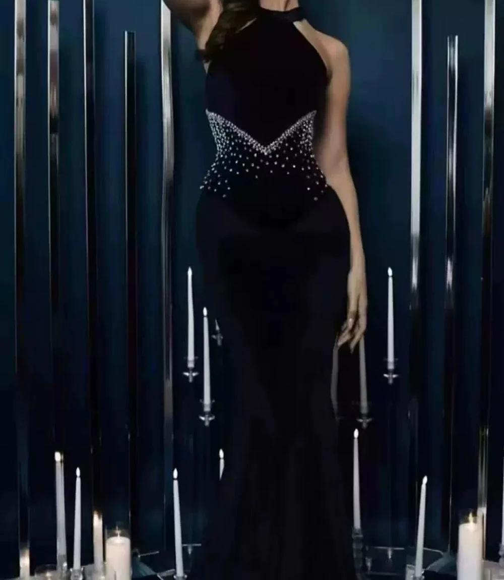

2025 New Black Beaded Sleeveless Fishtail Slim Fit Long Bandage Dress-GZXX1065
