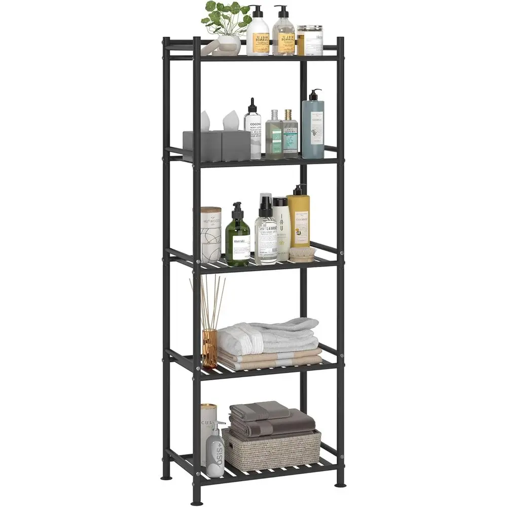 

5 Tier Bathroom Storage Open Shel Unit, Free-Standing Metal Rack Shelving for Kitchen, Living Room, Hallway (Black, Wider 5 Tier