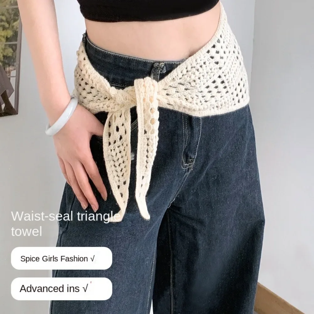 Simple Hollow ถักผ้าพันคอสามเหลี่ยม Balletcore Shawl ผ้ากันเปื้อน Wrap Y2k Tie สายรัดผ้าพันคอสะโพกฤดูร้อน