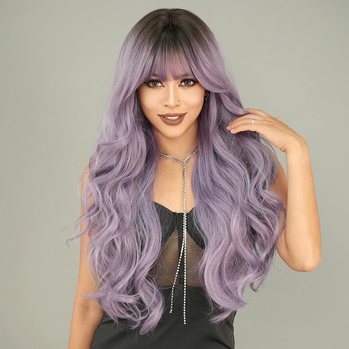 PARK YUN Synthetic Wig  Loose Water Wavy Purple Wig With Dark Roots High Density Long Wavy Hair Wigs With Neat Bangs