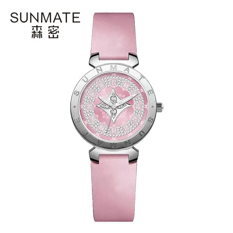SUNMATE Luxury Exquisite Zircon Women's Quartz Watch, 30m Waterproof Leather Strap, Fashionable Digital Dial, Girlfriend Gift