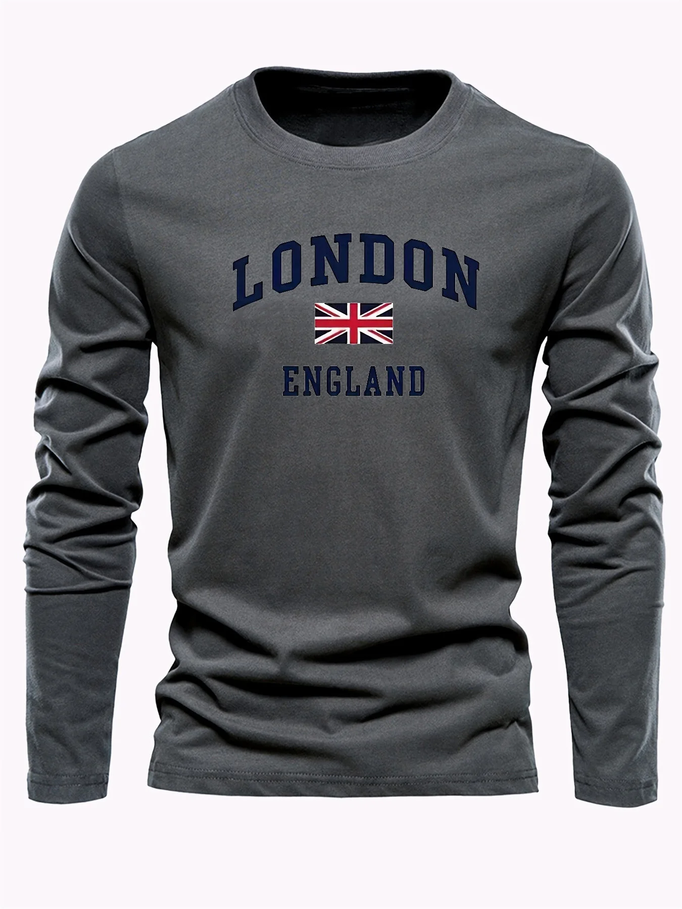 100% pure cotton men's long sleeved round neck loose London England pattern printed spring and autumn versatile T-shirt top