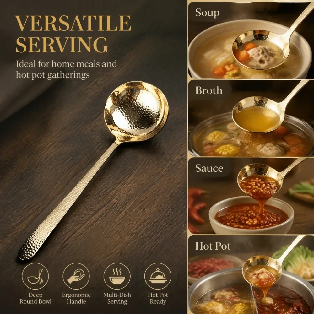 Bright Gold Soup Ladle 304 Stainless Steel Balanced Weight Kitchen Ladle Hammered Texture Serving Ladle Daily Serving