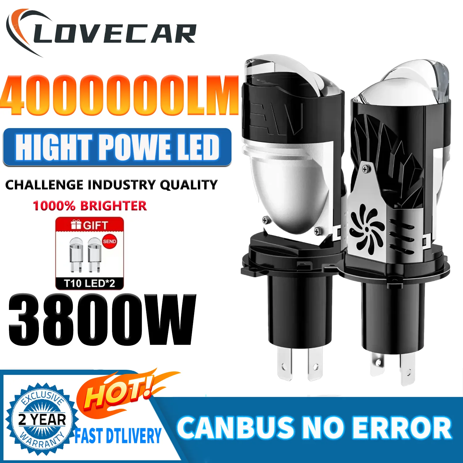 

LOVECAR 3800W H4 Super Bright Bi LED Mini Projector Lens LED Car Headlight Bulbs Plug and Play 6500K for LED Lighthouse Fog Lamp