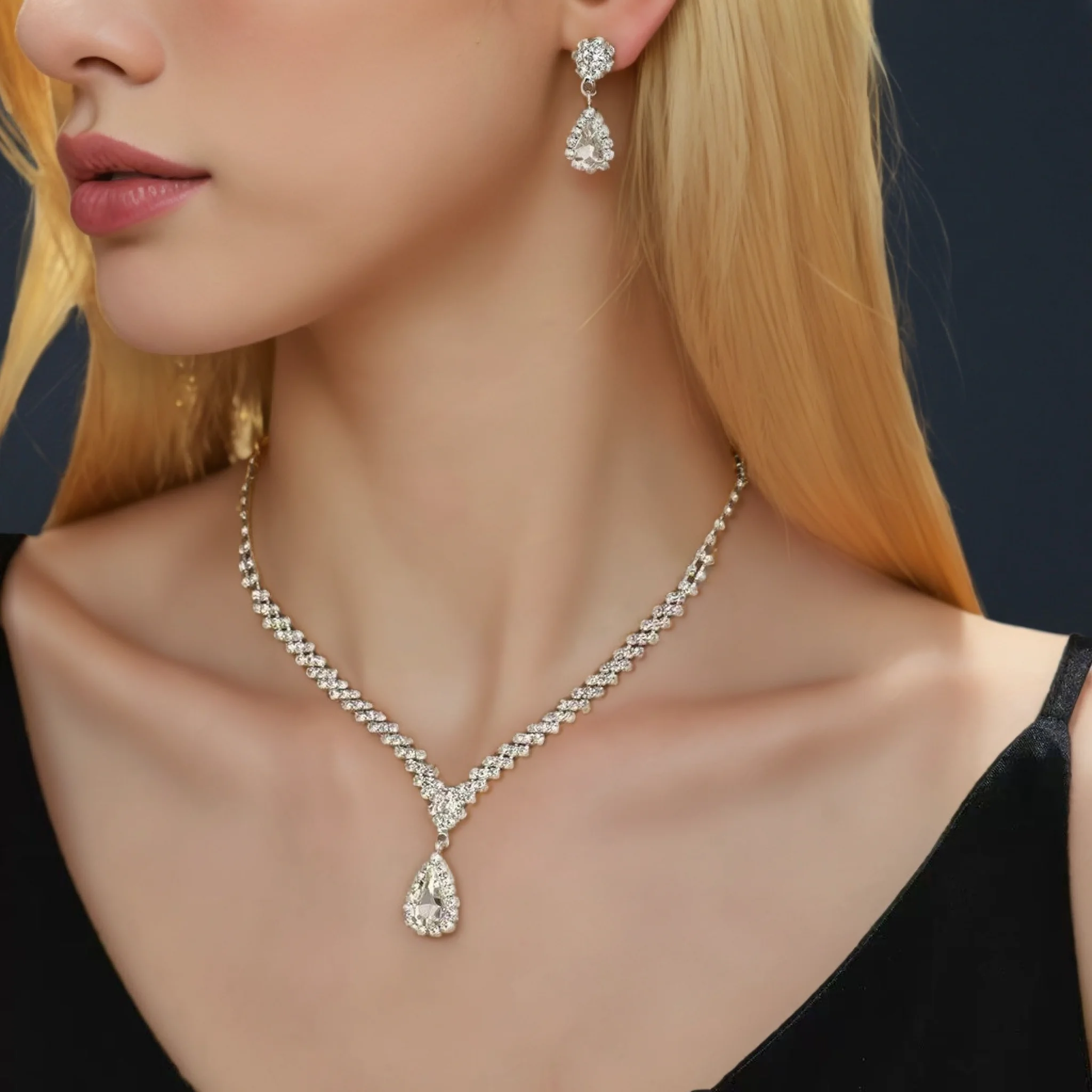 طقم مجوهرات الزفاف، قلادة، أقراط، إكسسوارات فساتين السهرة للسيدات الزفاف، طقم عصري مكون من قطعتين