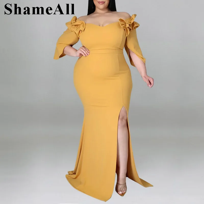 Plus Size Off Shoulder Floral Half Sleeve Bodycon Party Dress 4XL Fall Elegant Women Evening Club Split Long Maxi Mermaid Dress