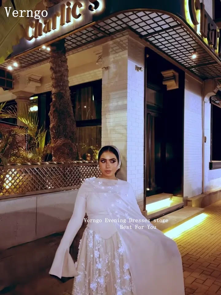 Verngo apliques vestidos de baile o pescoço mangas completas maxi luxo feminino turco vestidos de noite uma linha vestidos de noite personalizados