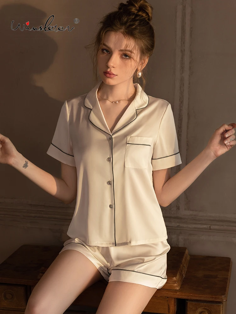 

Winsleter- Sexy Women 2 Piece Pajamas Set, Short Sleeve Solid, French Simplicity Soft Shorts Homewear, 2025 Summer New S58215CC