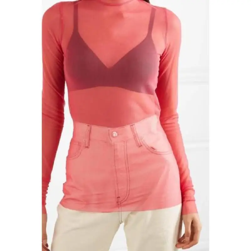 Women Top Korean Style Sweet Sexy Spicy Girl Solid Color See Through Mesh Lace Long Sleeve Ice Silk Slim Fit Sunscreen T-Shirt